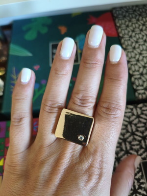 Chunky square ring gold steel with rhinestone, like new