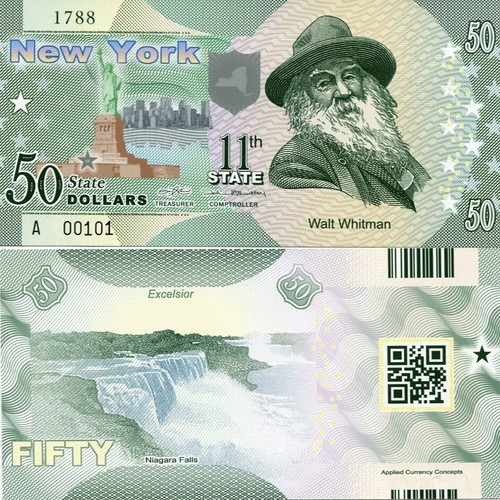 America 50 Dollars 2014 11th State New York Walt Whitman Polymer new
