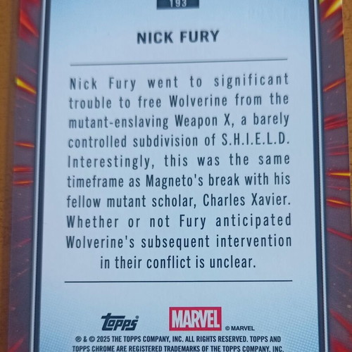 Topps Chrome Marvel 25 Nick Fury No 193 Blue Refractor like new