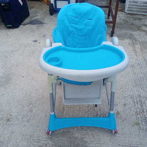 Folding Baby Highchair used, blue with wheels and brakes