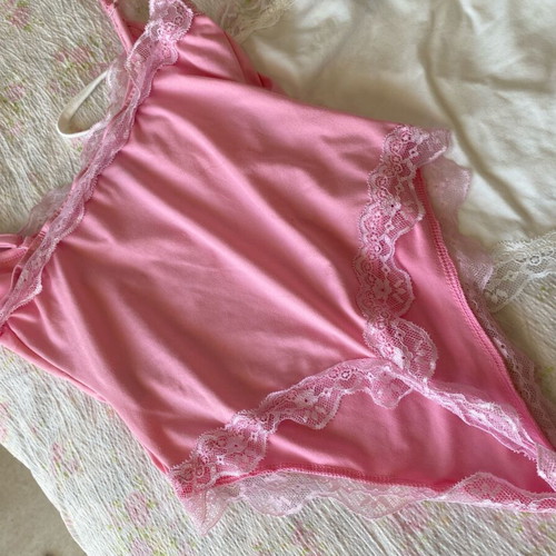 Set of 2 cotton bodysuits pink and white with lace edges new