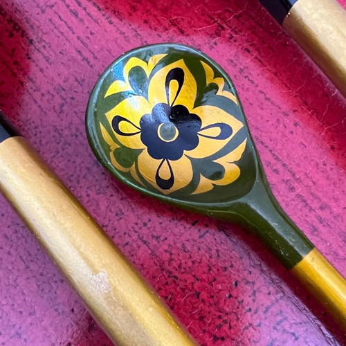 Decorative spoons used, set of 4 wooden with folk motifs