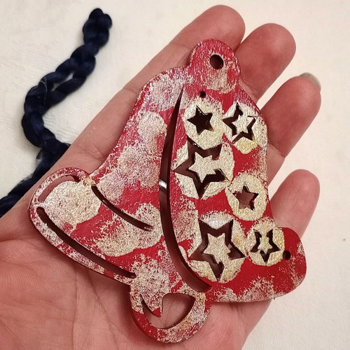 Wooden bell elements used, set of 2, blue and red with silver details