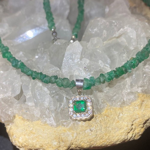 Handmade necklace with natural emeralds and moissanites, silver 925