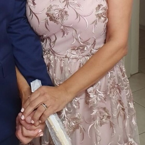 Evening dress like new, size UK 14, pink-beige with embossed flowers