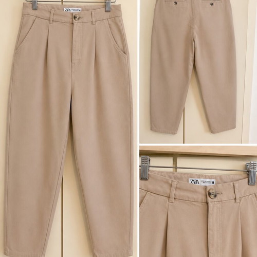Zara women's high-waisted chino pants with pleats, beige, Medium