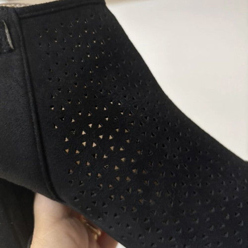 Black suede women's sandals with perforated details, size 37