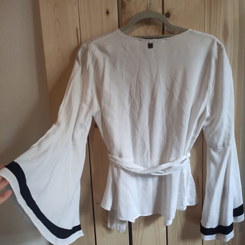 ALE white wrap blouse with bell sleeves, size M