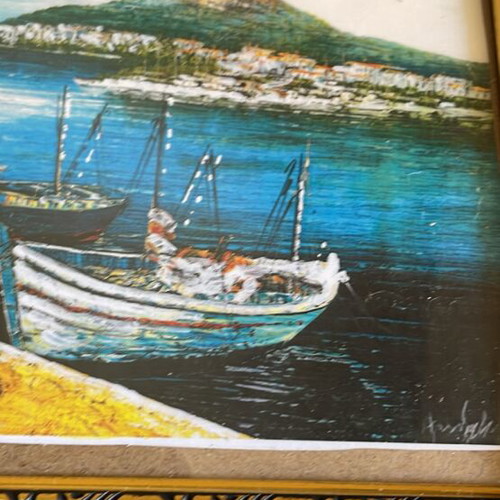 Painting with framed boat image new, 25x20 cm