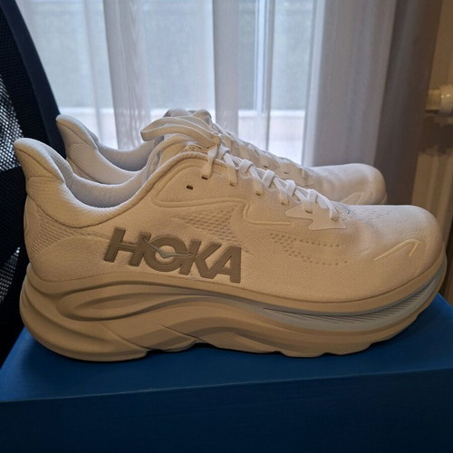 HOKA Clifton 10 athletic shoes new, size 44.5, white and gray