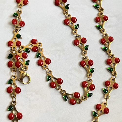 Necklace with cherries, new, steel, red and gold tone