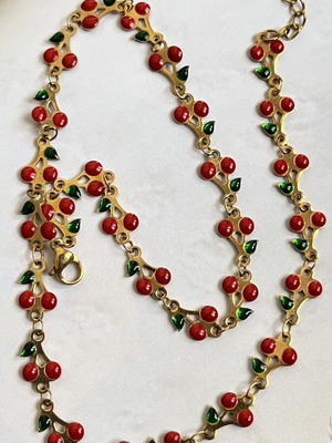 Necklace with cherries, new, steel, red and gold tone