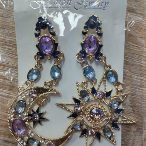 Dangling earrings moon and star new, gold-colored