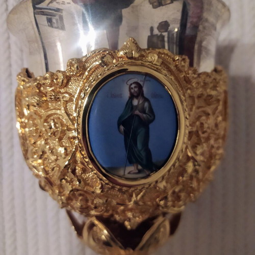 Large gilded chalice like new with enamel and carved decoration