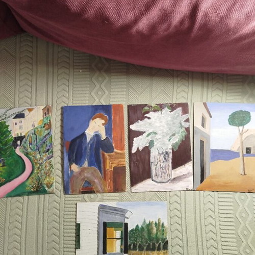Handmade acrylic paintings on cardboard like new, set of 5