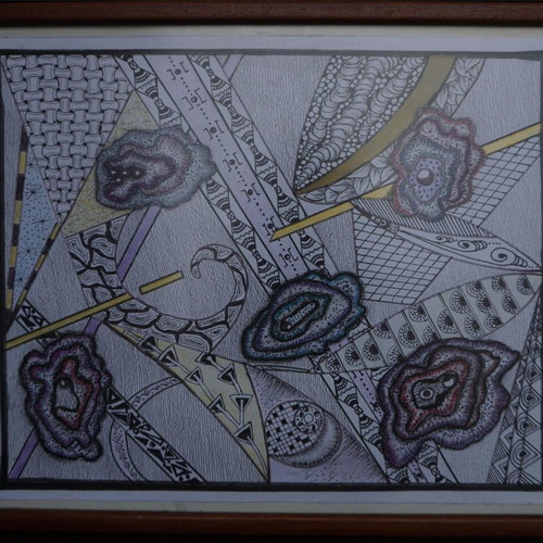Zentangle style painting with geometric patterns in wooden frame like new