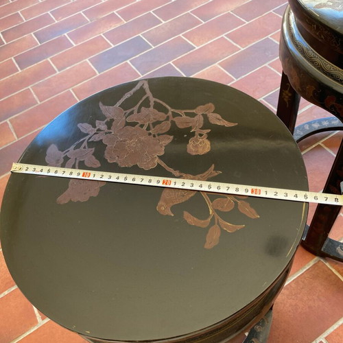 Asian-style nesting vintage coffee tables set used, wood with gold motifs