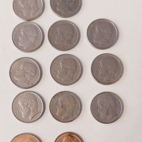 Greek coins used, set of 13 drachmas including Aristotle 5 drachmas