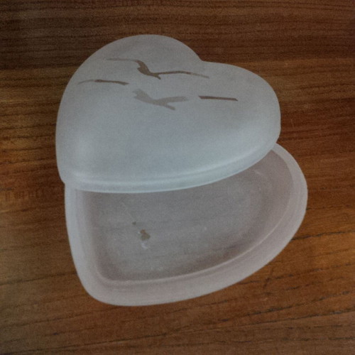 Glass small heart jewelry box used, soft pink, 9cm width