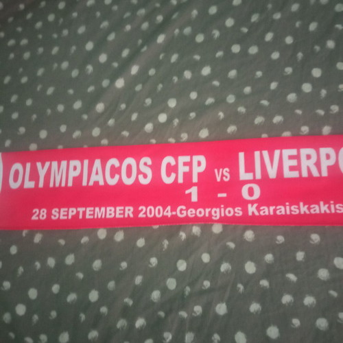 Vintage Olympiacos Liverpool Scarf used, Karaiskakis Stadium 2004