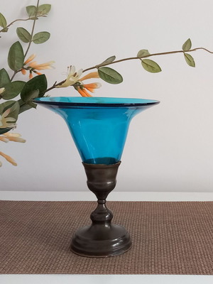 Βάζο Vintage aqua μπλε με βάση από μπρούτζο