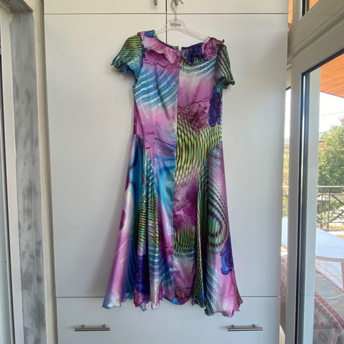 Vintage Y2K long satin dress like new, handmade, multicolor blue