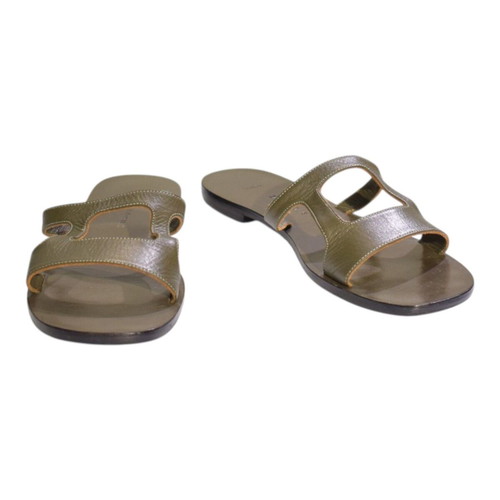 Zeus+Dione leather flat slides sandals used, khaki olive green H-strap IT 41