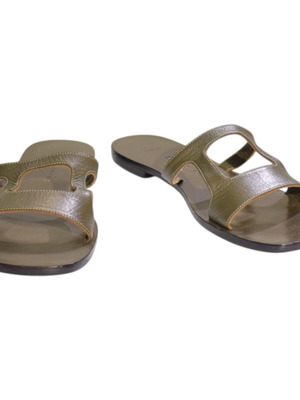 Zeus+Dione leather flat slides sandals used, khaki olive green H-strap IT 41