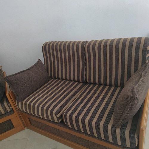 Living room set used two-seater sofa with storage and striped corduroy armchair