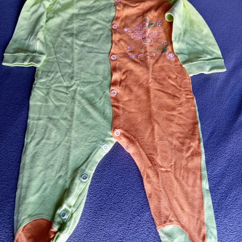 Baby footed romper used, orange and light green, 3-6 months