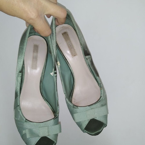 Zara Peep Toe satin pumps used, green, size 38