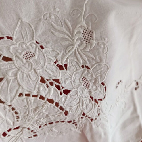 White Tablecloth with Embroidery and Cutwork used, 122x163 cm