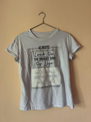 A-Style white women's T-shirt M with shiny stones and print, like new