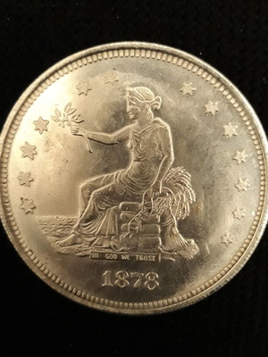American token Trade dollar 1878 used, 45mm