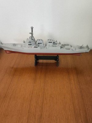 Warship model destroyer with base and mini helicopter
