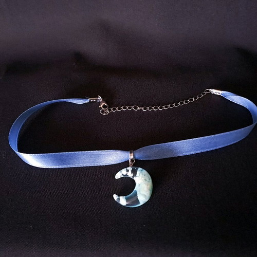 Choker ribbon blue moon handmade, satin with stainless steel clasp