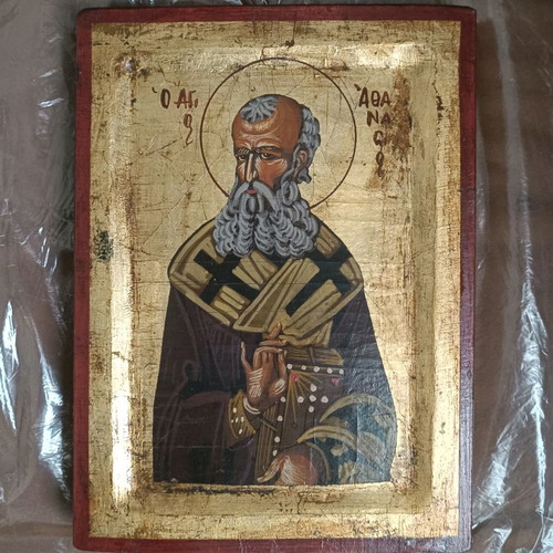 Saint Athanasios icon used with gold leaf, Byzantine style