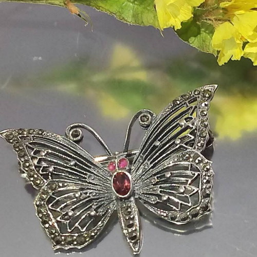 Vintage Atelier silver butterfly brooch used with red stones and marcasites
