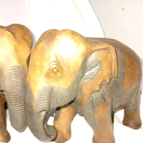 Pair of vintage handmade elephants used, solid dark wood
