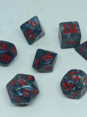 RPG dice set with Roman numerals like new, Marble Grey & Red