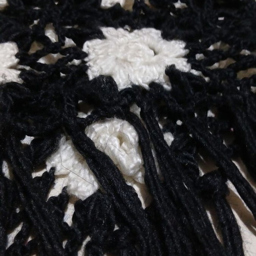 Hand Crochet Poncho with Fringes and White Flowers, Shu Shu