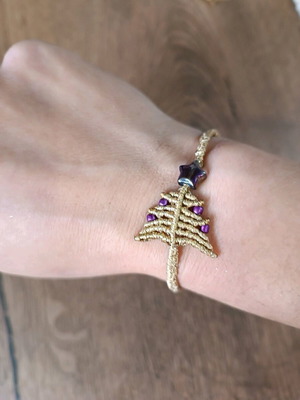 Macrame bracelet Christmas tree with glass star new, purple and gold