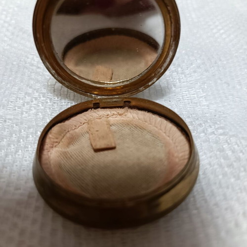Vintage powder compact used, bronze with original pom pom