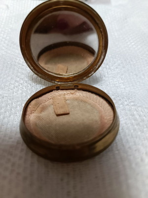 Vintage powder compact used, bronze with original pom pom