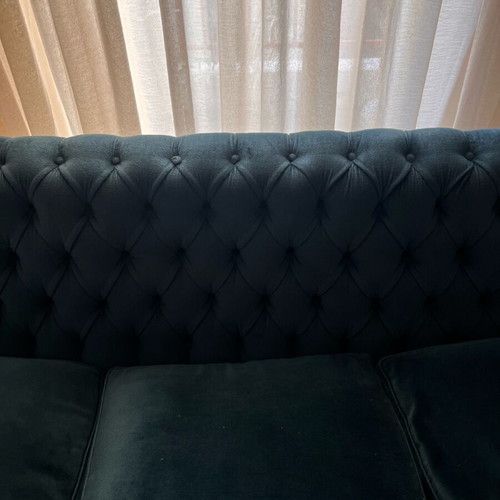 Vintage Spanish Chesterfield sofa set 3+2+armchair used, velvet petrol