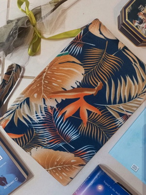 Book clutch bag new with floral design, beige and blue