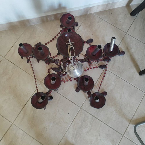 Red chandelier with crystals used, classic ceiling light