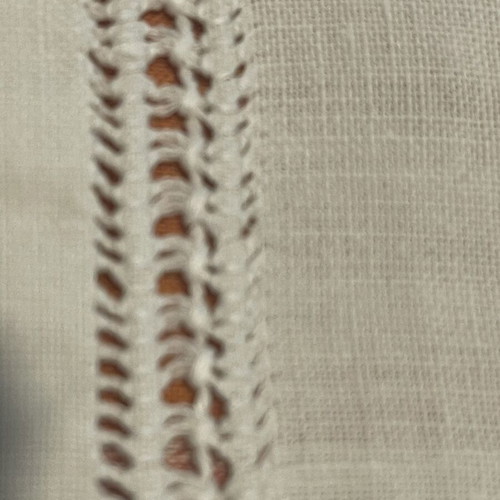 Two handmade linen window curtains with cutwork embroidery and openwork