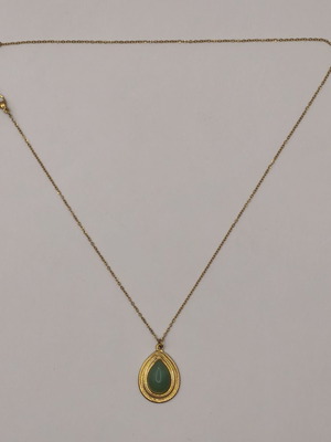 Gold-plated stainless steel necklace with green teardrop pendant