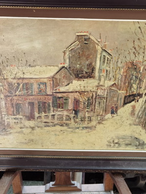 Maurice Utrillo Le Lapin Agile painting used, snowy Montmartre scene